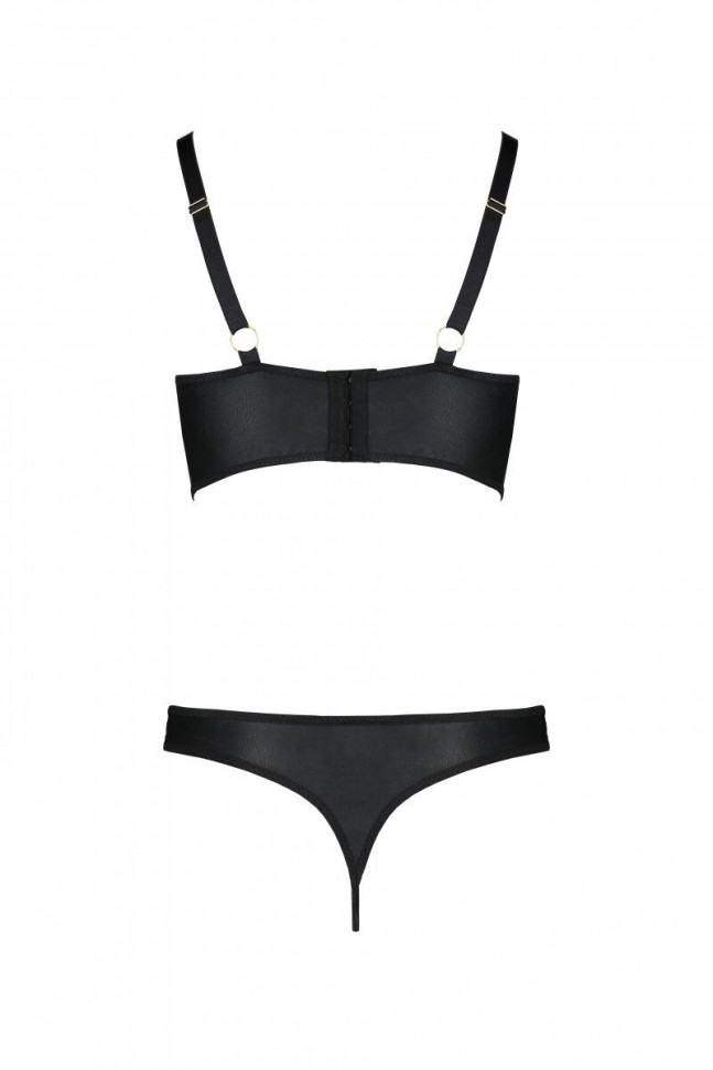 Комплект з екошкіри з люверсами та ремінцями Malwia Bikini black S/M — Passion, бра та трусики