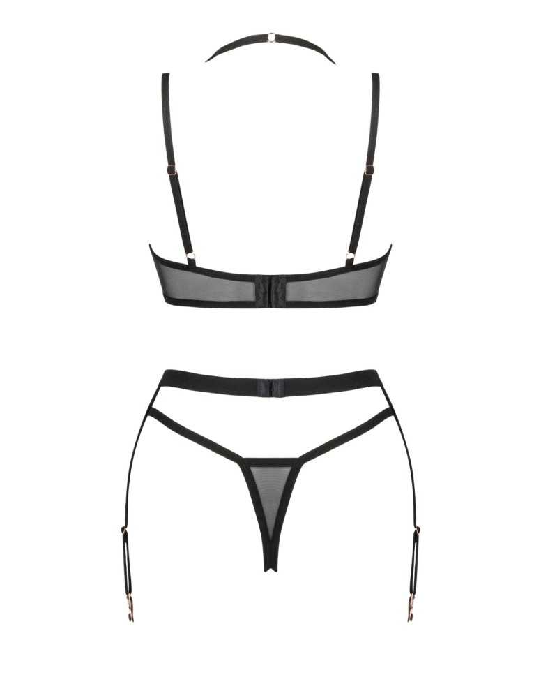 Obsessive Selinne 3-pcs set - комплект еротичної білизни з поясом для панчіх, XS/S (чорний)