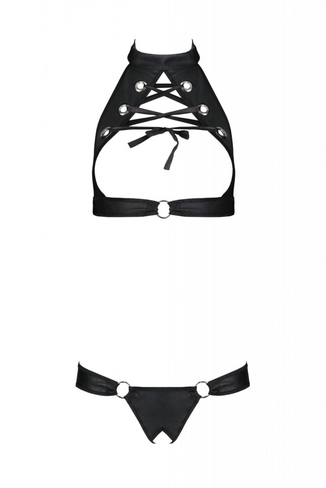 Комплект із екошкіри Passion Malwia Set with Open Bra 6XL/7XL black, топ та трусики з люверсами