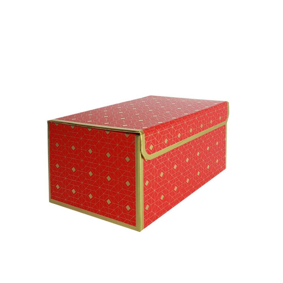 Подарункова коробка червона з золотим геометричним малюнком, M  -  23×16×12 см