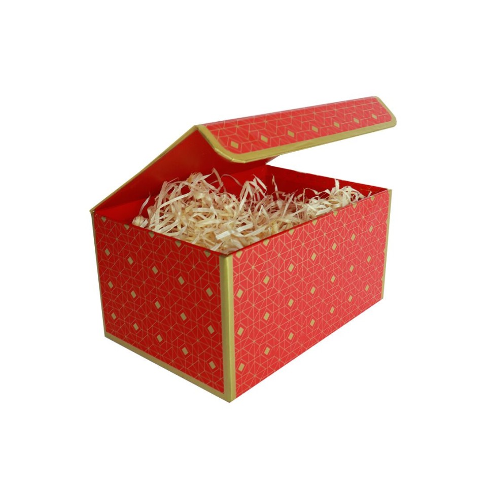 Подарункова коробка червона з золотим геометричним малюнком, S  -  20,2×14×10,5 см