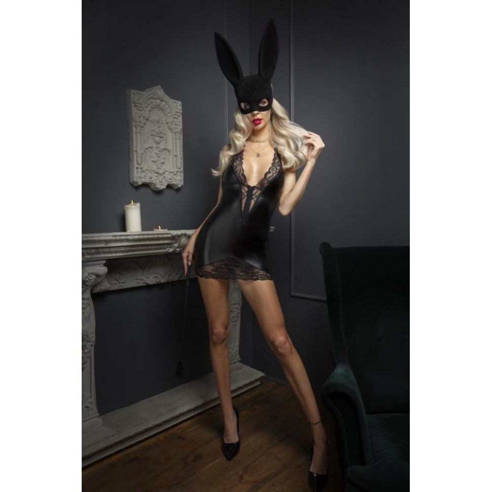 Сексуальна вінілова міні-сукня S F283 Noir Handmade, з мереживом, чорна