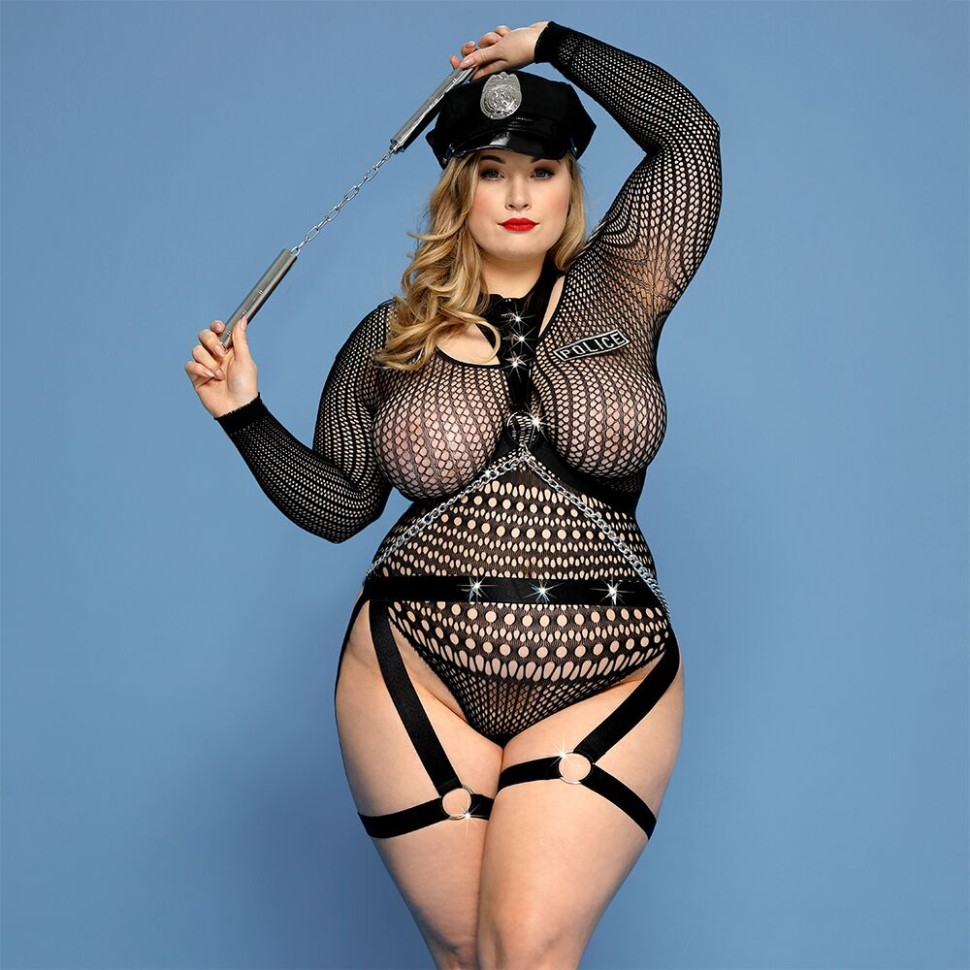 Еротичний костюм поліціянтки JSY «Зухвала Сюзі» Plus Size, Black, рукави, нунчаки, ремені, ланцюги