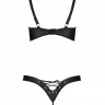 Комплект з екошкіри Celine Bikini black L/XL — Passion: відкритий бра зі стрічками, стрінги зі шнурі