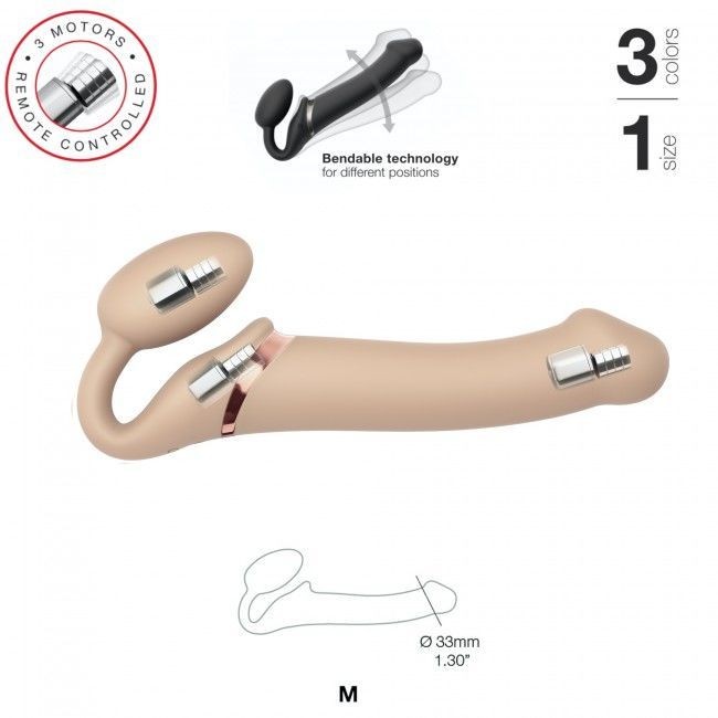 Безремінний страпон з вібрацією Strap-On-Me Vibrating Flesh M, діаметр 3,3см, пульт ДК, регульований