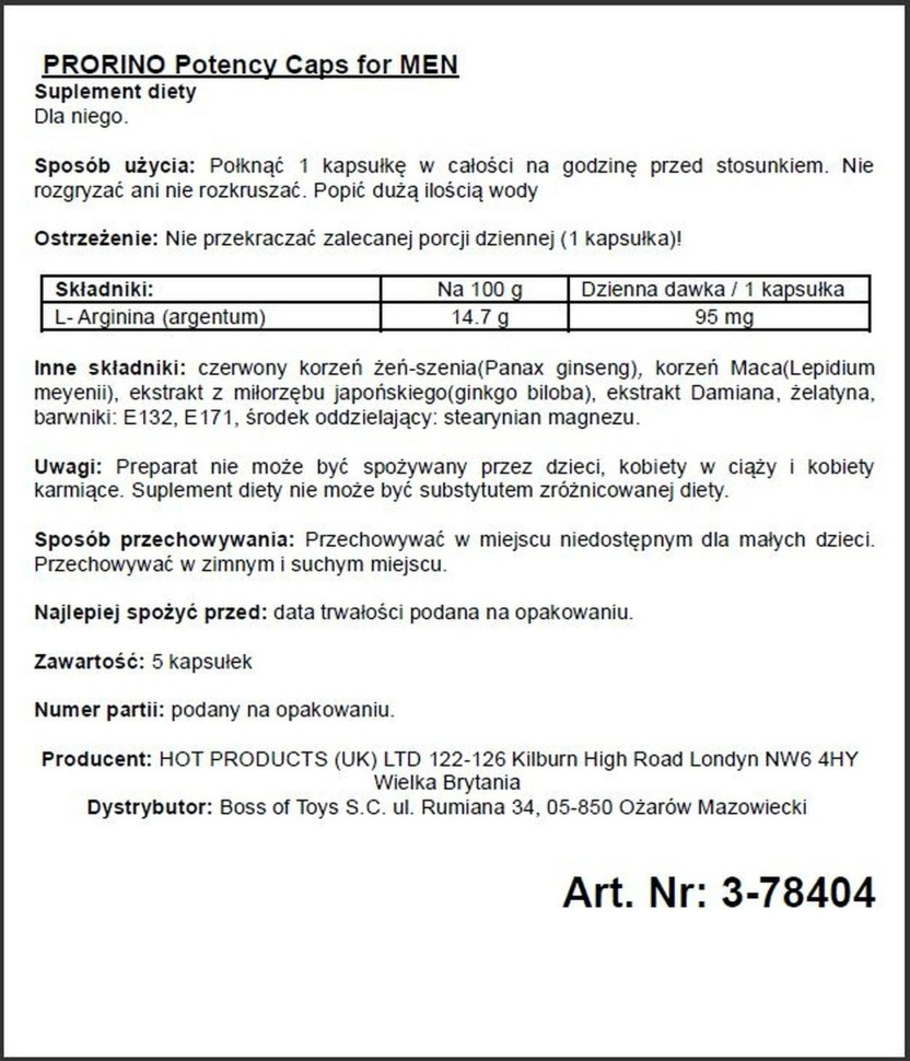 Збудливі капсули для чоловіків ERO PRORINO black line Potency (ціна за 5 капсул в упаковці)