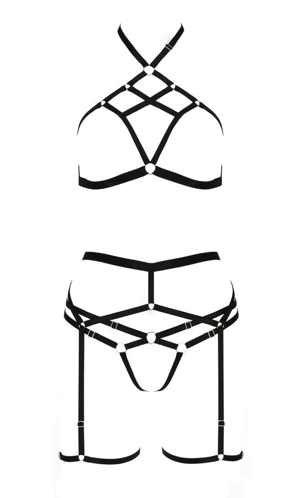 Комплект білизни зі стреп-стрічками та поясом для панчох MORGAN SET WITH OPEN BRA black S/M - Passion
