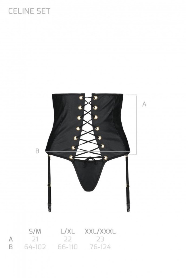 Пояс-корсет з екошкіри Celine Set black L/XL — Passion: шнурівка, знімні пажі для панчіх, стрінги