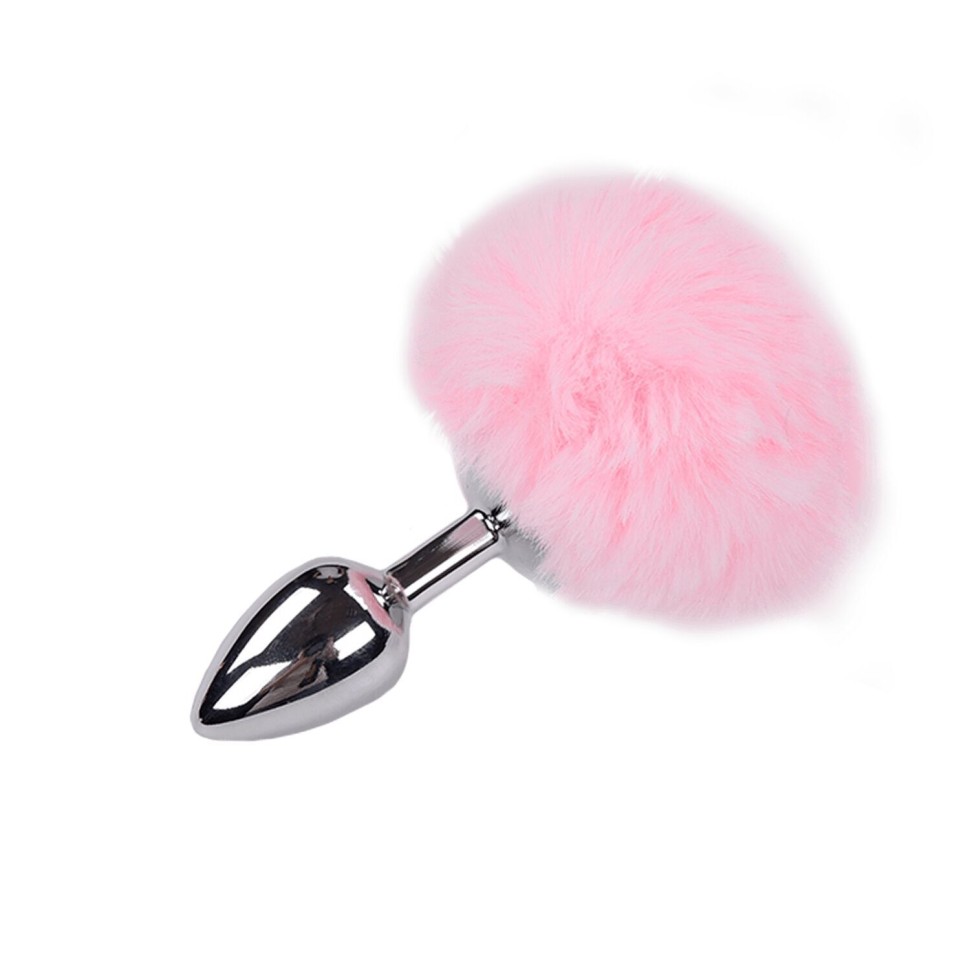 Металева анальна пробка Кролячий хвостик Alive Fluffy Plug S Pink, діаметр 2,8 см  (м'ята упаковка!!!)