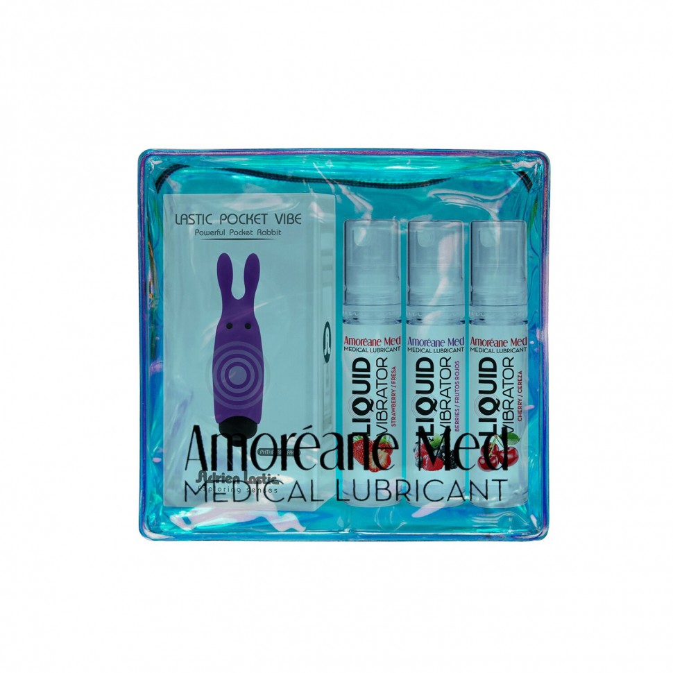 Набір з 3-х смаків стимулювального лубриканту Amoreane Med (3×10мл) і віброкулі Adrien Lastic Purple