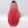 Длинный парик омбре (градиент) розово-черный с челкой