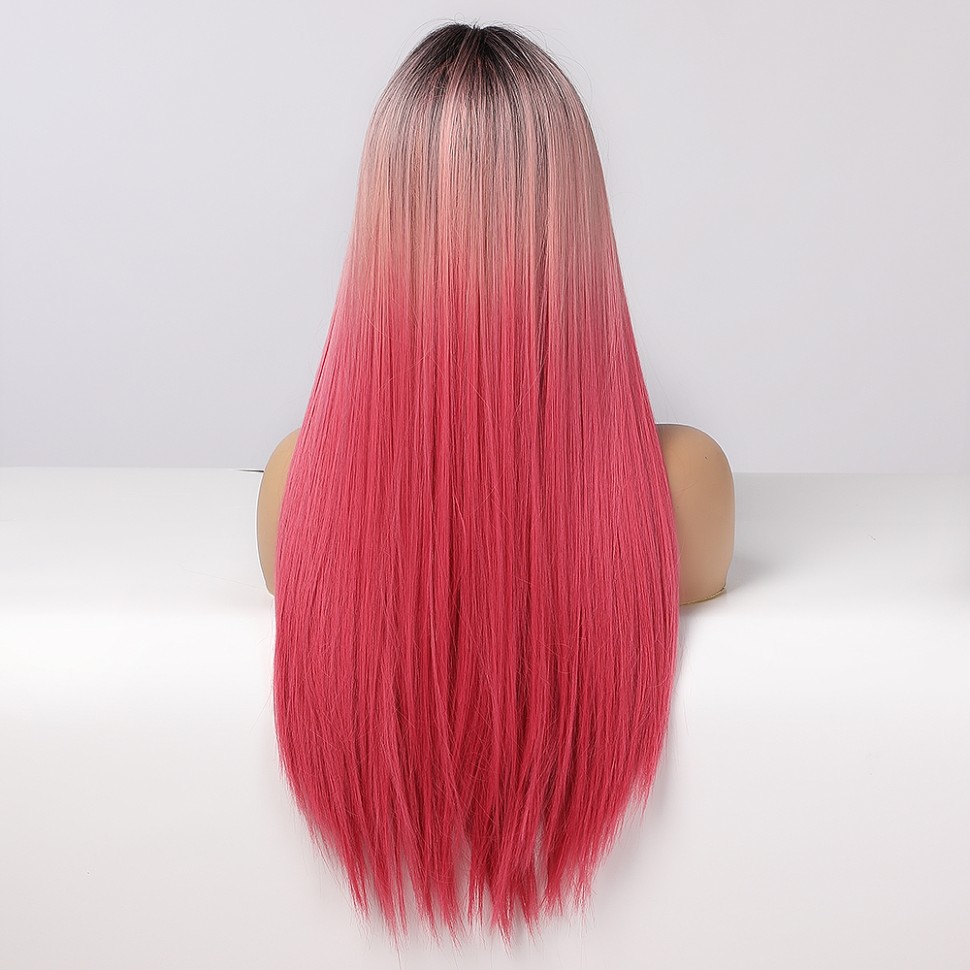 Длинный парик омбре (градиент) розово-черный с челкой