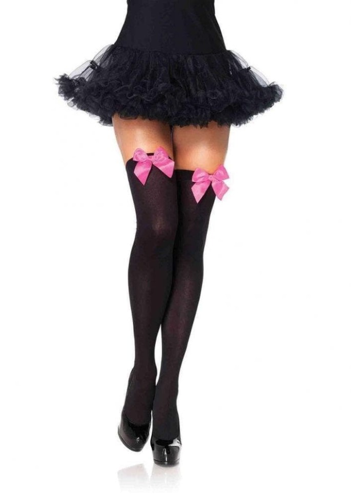 Leg Avenue Nylon Thigh Highs With Bow - чулки с бантиком (черный с розовым)