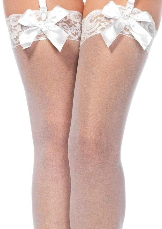 Leg Avenue Sheer Lace Top Thigh Highs - чулочки с кружевом и бантиком (черный)