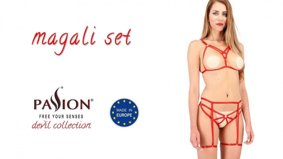 Комплект белья MAGALI SET OpenBra red L/XL - Passion Exclusive: стрэпы: лиф, трусики и пояс