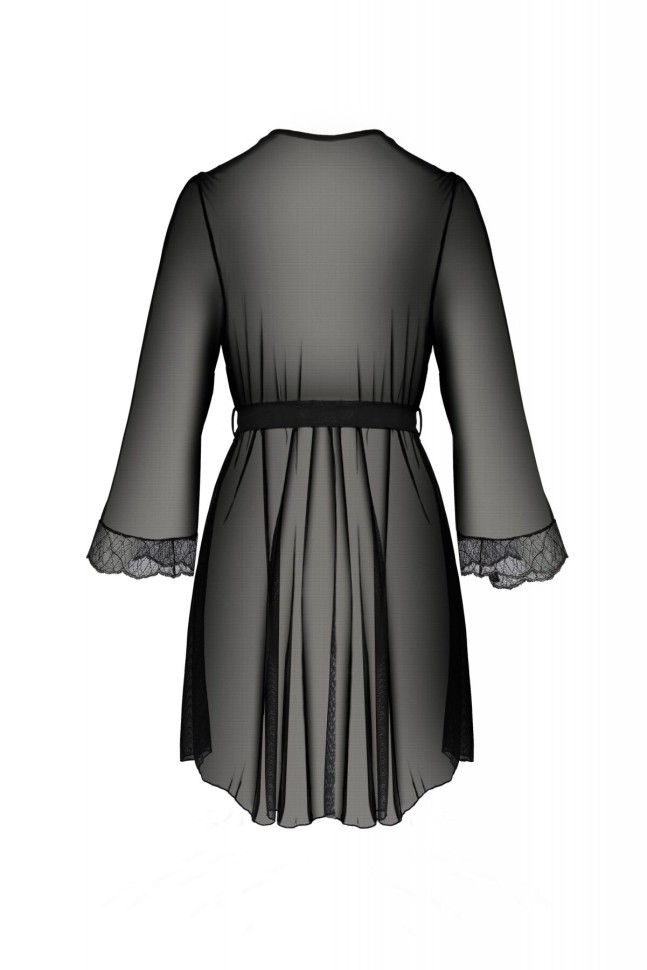 Пеньюар Passion Amberly Peignoir 6XL/7XL black, ажурні декольте та манжети, широкі рукави