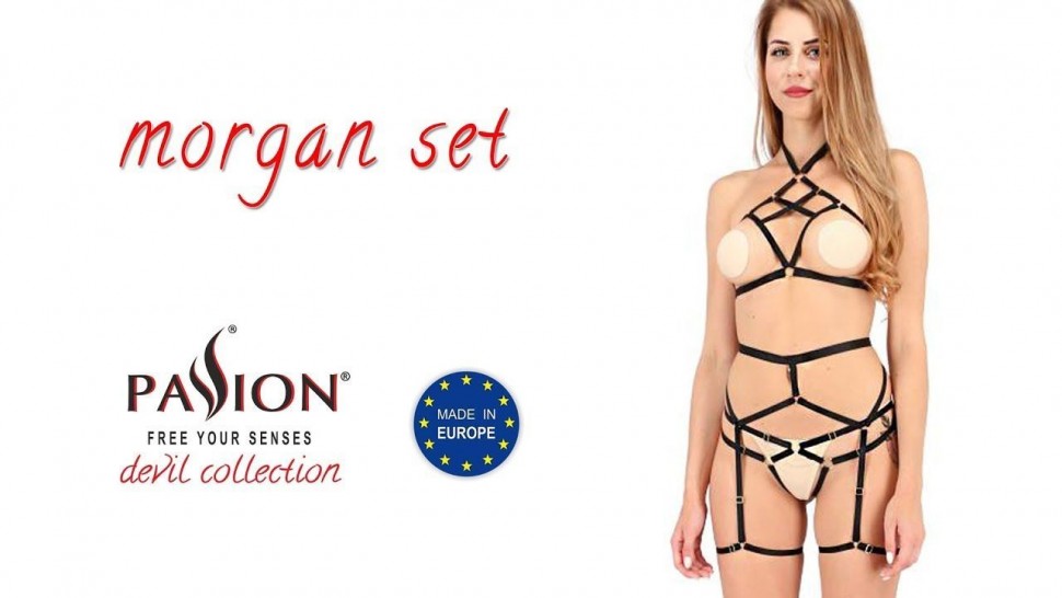 Комплект білизни MORGAN SET OpenBra black XXL/XXXL - Passion Exclusive: стрепи: трусики, ліф, пояс