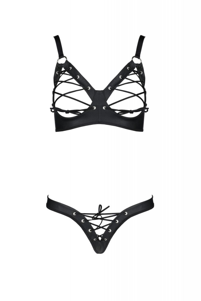 Комплект з екошкіри Passion Celine Bikini 6XL/7XL black, відкритий бра, стрінги зі шнурівкою