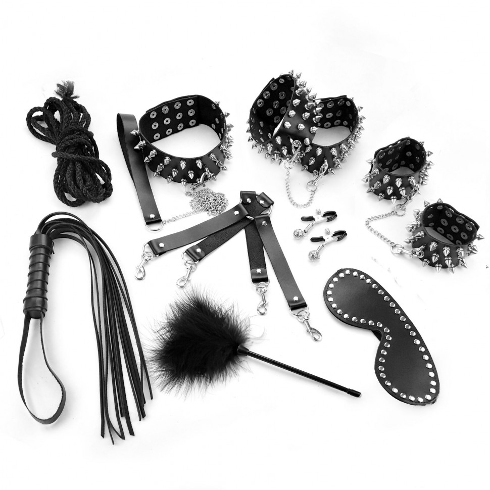 Набір Art of Sex - Spikes BDSM Set Leather, 10 предметів, натуральна шкіра, Чорний