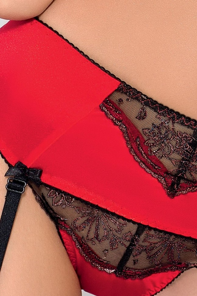 Комплект белья BRIDA SET OpenBra red S/M - Passion Exclusive: трусики-танга, пояс, открытый лиф