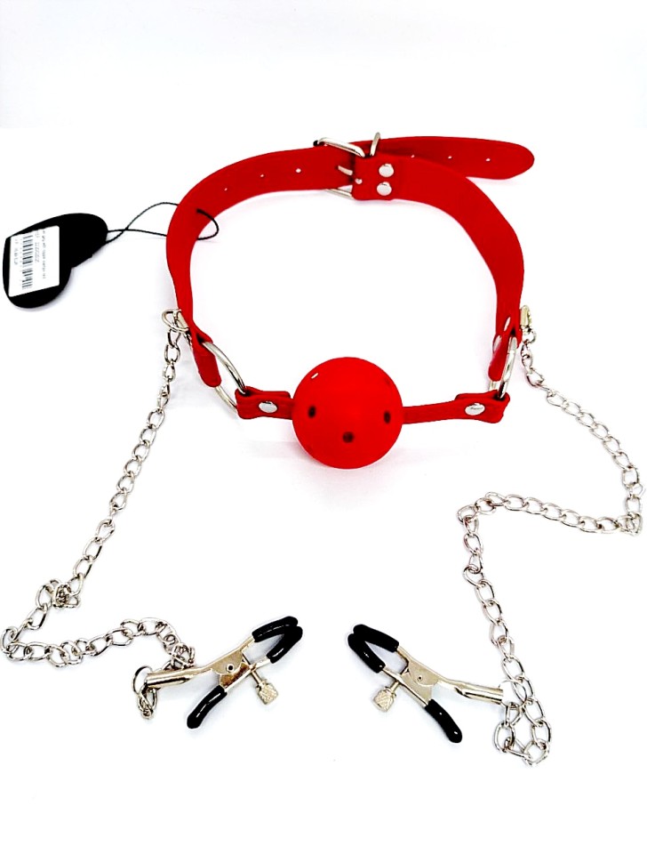 Кляп DS Fetish Ball gag with nipple clamps red