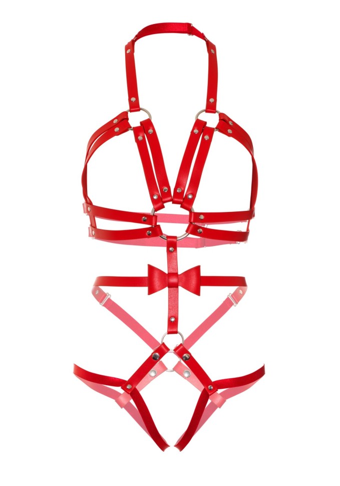 Leg Avenue - Studed O-ring harness teddy - Cексуальна червона портупея, S