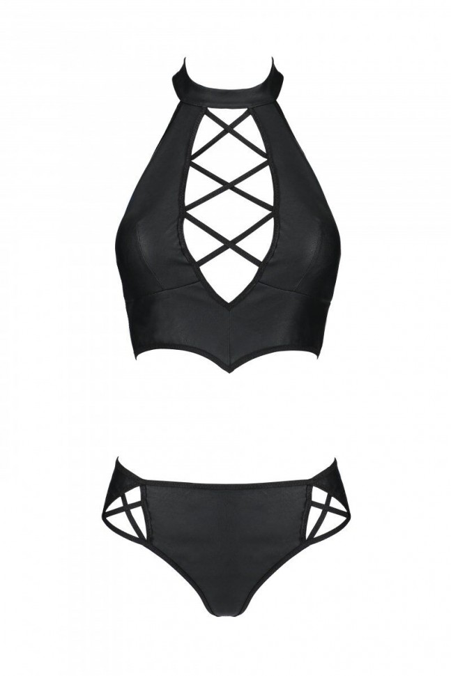 Комплект з еко-шкіри Nancy Bikini black L/XL - Passion, бра та трусики з імітацією шнурівки 