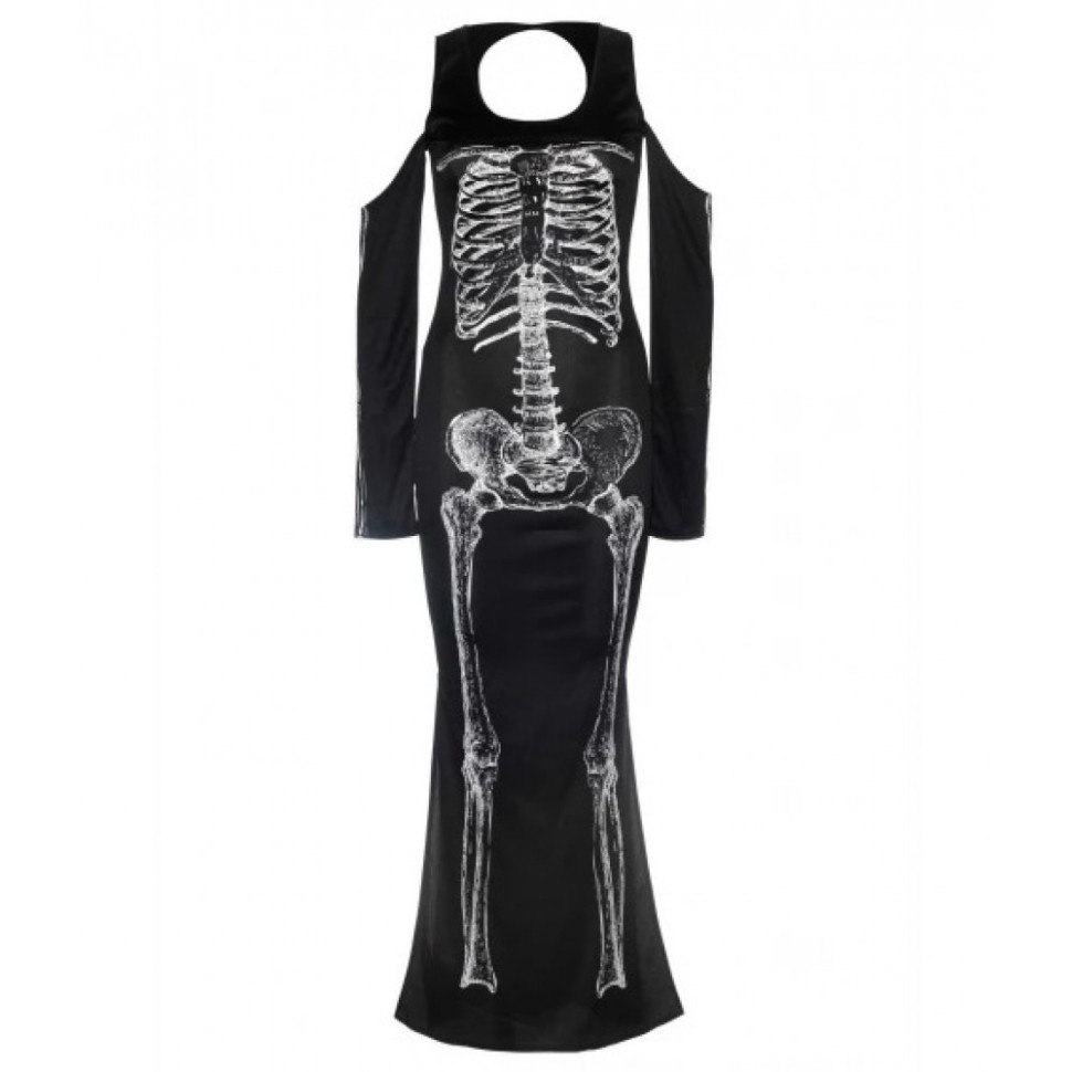 Сукня максі Leg Avenue, S/M, з принтом скелета та бічним вирізом, чорна