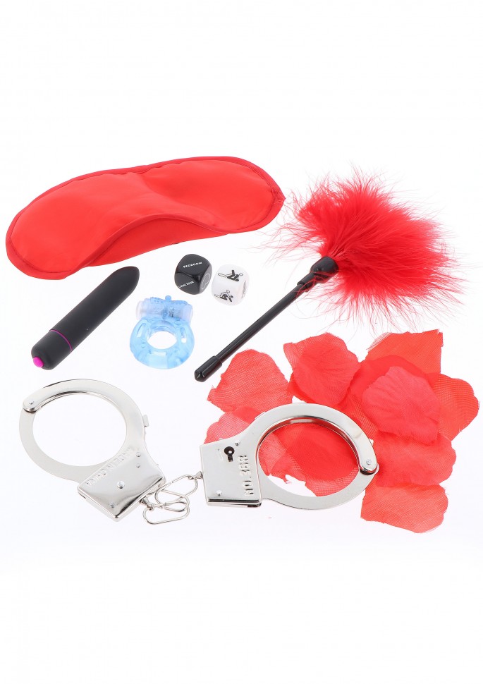 Scala The Naughty Birthday Kit - Подарочный набор (наручники+повязка для глаз+мини вибратор+эрекцеонное кольцо+эротические кости+лепестки роз+перьевая метелочка)