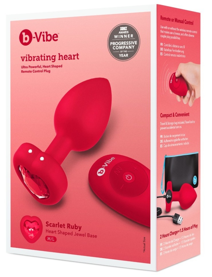 Анальна пробка з вібрацією та пультом керування B-Vibe Vibrating Heart Plug, Червоний