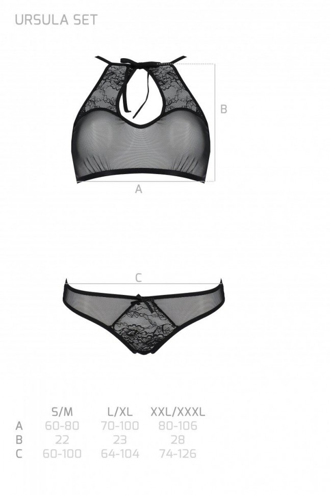 Комплект: бра, трусики з ажурним декором та відкритим кроком Ursula Set black L/XL — Passion