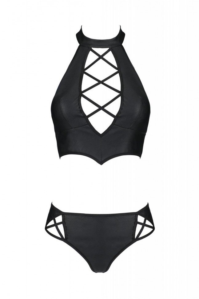 Комплект з екошкіри Passion Nancy Bikini 4XL/5XL black, бра та трусики з імітацією шнурівки