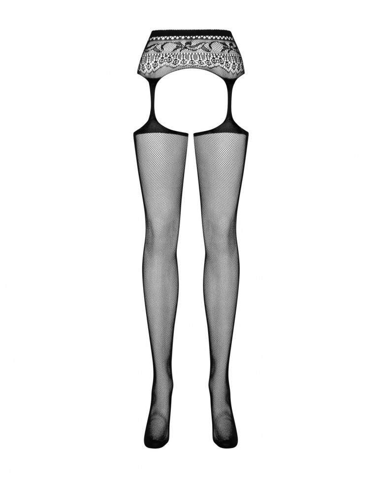 Сітчасті панчохи-стокінги з мереживним поясом Obsessive Garter stockings S307 XL/X, чорні, імітація 