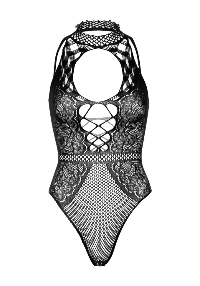 Leg Avenue Net and lace halter bodysuit OS Black