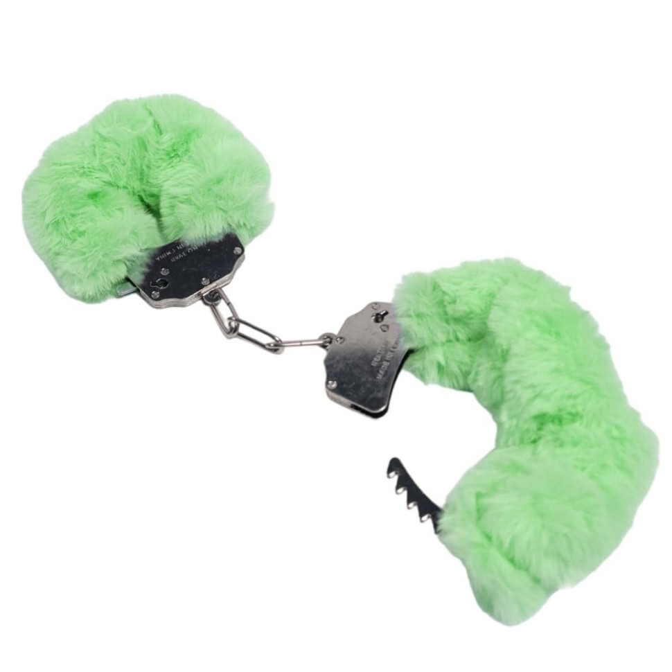 Наручники DS Fetish Plush handcuffs, метал із хутром, зелені